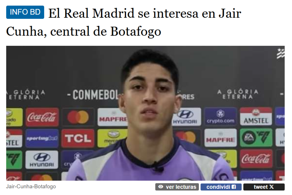 Zagueiro Jair do Botafogo, entra na mira do Real Madrid, diz site espanhol 1 - Insider Botafogo